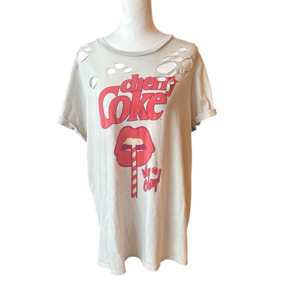 Cherry Coke Distressed Graphic Tee Cutout Shoulder T-Shirt Women’s